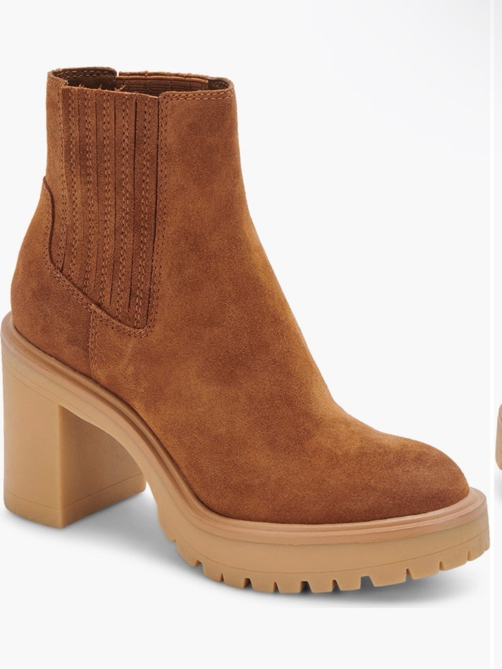 DV by Dolce Vita Cognac Suede Lug Sole Block Heel Chelsea Boot